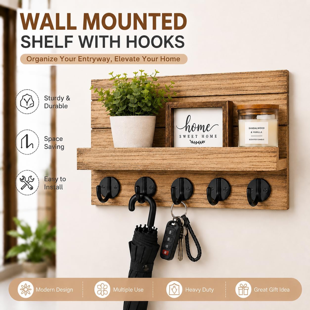Key Holder for Wall, Decorative Key and Mail Holder, Key Holder Wall Mount with Shelf and Large Hooks, Easy Installation Key Rack for Entryway and Home Decor