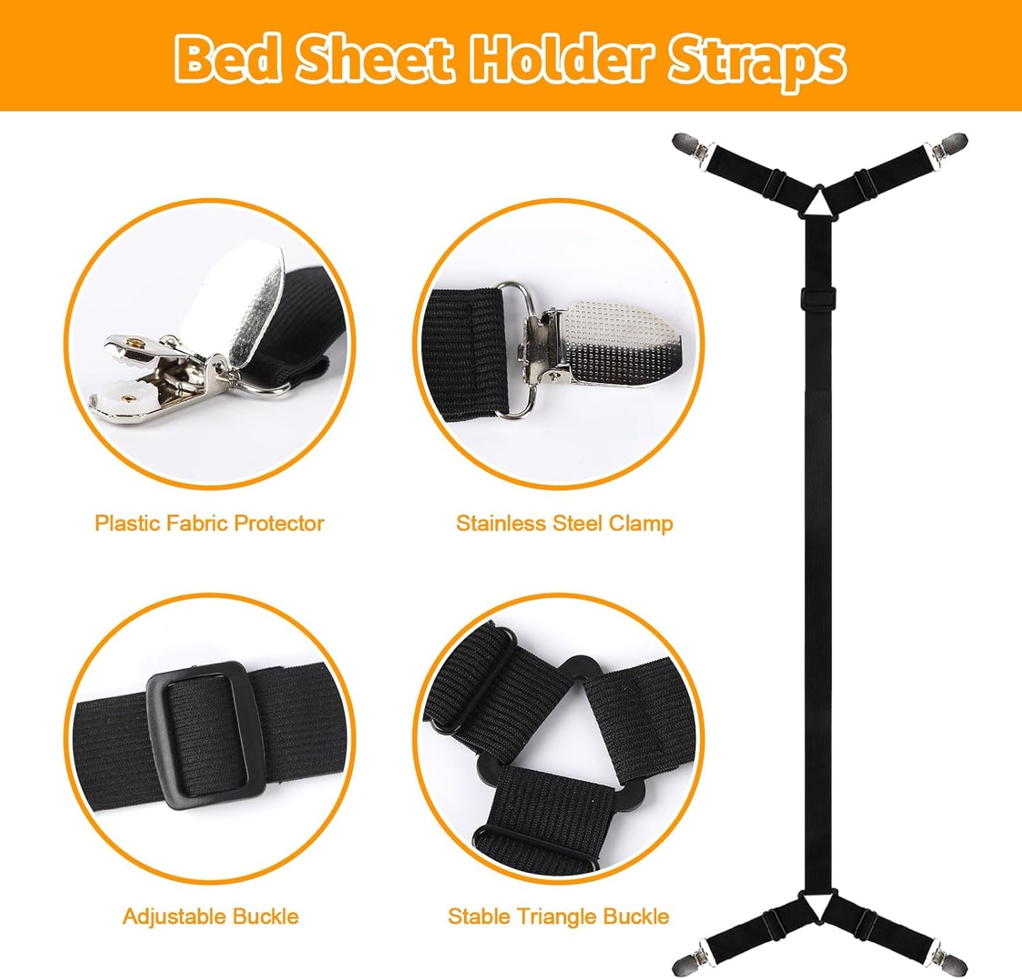Bed Sheet Straps, 4Pcs Elastic Adjustable Bed Sheet Holder Straps, Fitted Sheet Straps to Hold Sheets in Place with Metal Clips, Sheet Holders for Mattress Cover, Sheet, Sofa Cushion (Black)