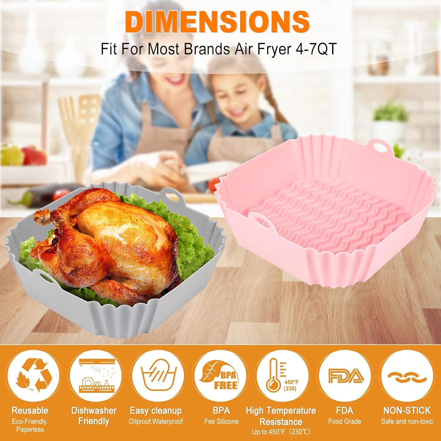 Boribim 2 PCS Square Silicone Air Fryer Liners - 8 Inch Reusable Air Fryer Pot - Air Fryer Accessories - Air Fryer Inserts for 4 to 7 QT Oven Microwave Accessories (Red + Blue)