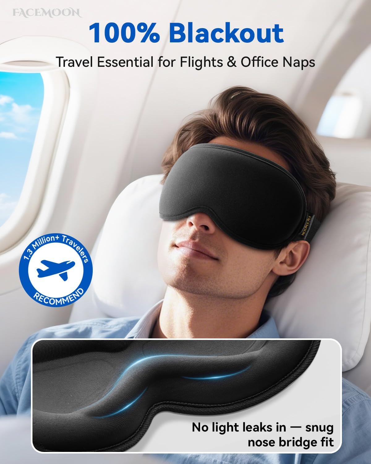 FACEMOON 3D Blackout Weighted Eye Mask for Sleep, Airplane Travel Essential | Long flights, road trips, gentle weighted comfort, deep cups, lash-friendly, adjustable strap, daytime naps for men & women