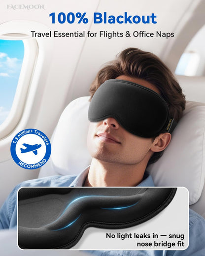 FACEMOON 3D Blackout Weighted Eye Mask for Sleep, Airplane Travel Essential | Long flights, road trips, gentle weighted comfort, deep cups, lash-friendly, adjustable strap, daytime naps for men & women