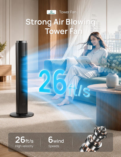 ZAFRO Tower Fan for Bedroom, 37'' Bladeless Fans with 4 Modes 6 Speeds, 26 ft/s Velocity, 28dB Quiet for Sleep, LED Touchpad & 12H Timer, 90° Oscillating Floor Fans that Blow Air, Black