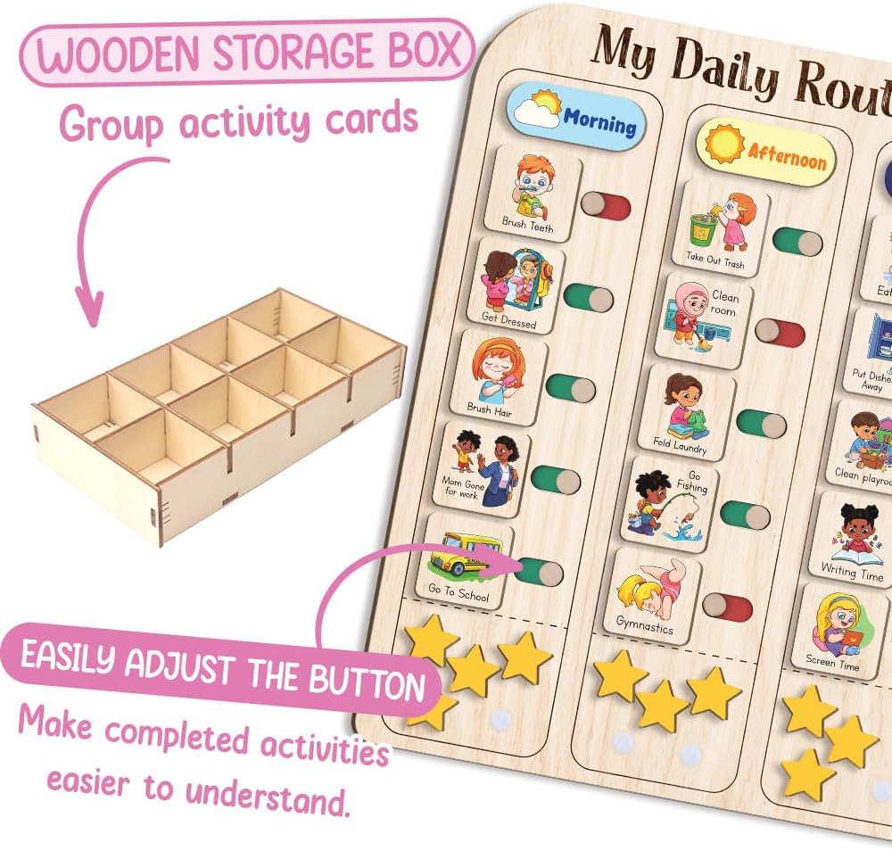 My Daily Routine Chart for Kids 11x14 Inch – Wooden Chore Chart with Morning Afternoon Evening Sections, Visual Schedule Board with Sliding Trackers & Star Reward System for Toddlers