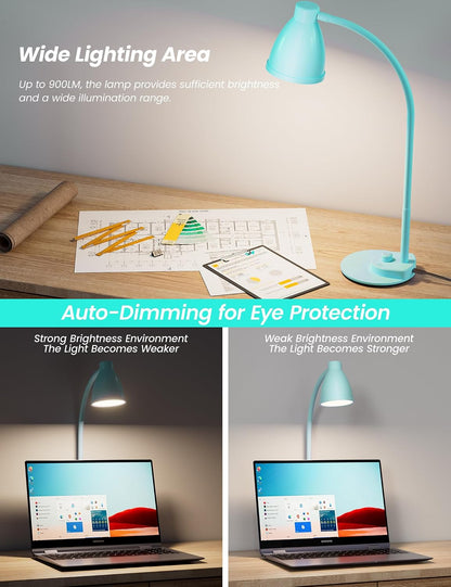 BOHON LED Desk Lamp with USB Charging Port 3 Color Modes Dimmable, Black | Reading Light Intelligent Induction Auto Dimming Task Lamp Neck Flexible Table Lamp for Bedside Office, AC Adapter Include