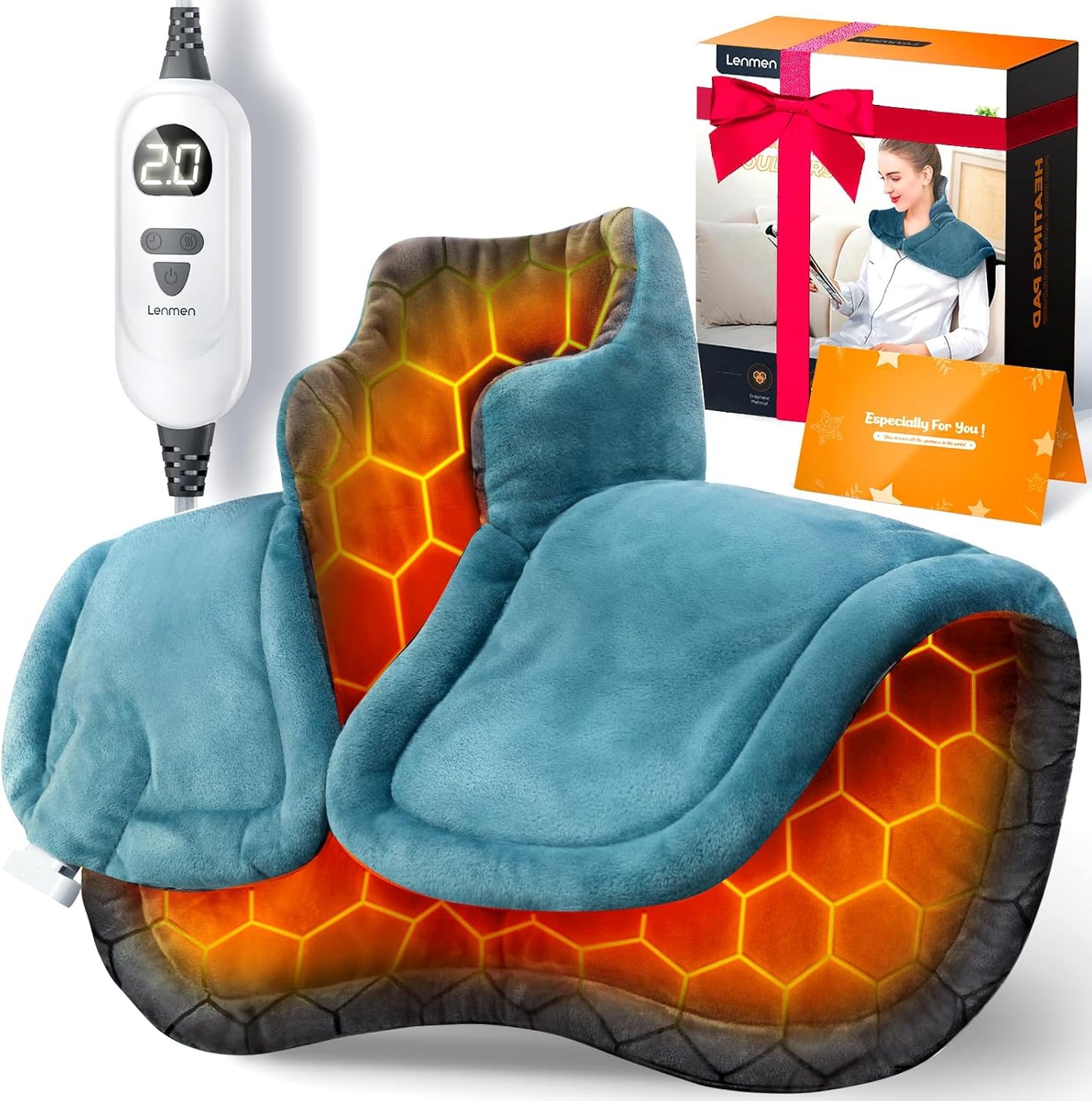 Graphene-Infused 1Min Fast Heating Pad, Deeper Muscle Relief Weighted Heating Pads for Neck and Shoulders and Back, Heated Wrap with 6 Heat Options 4 Auto Timer, Surprise for Men Women Mom Christmas
