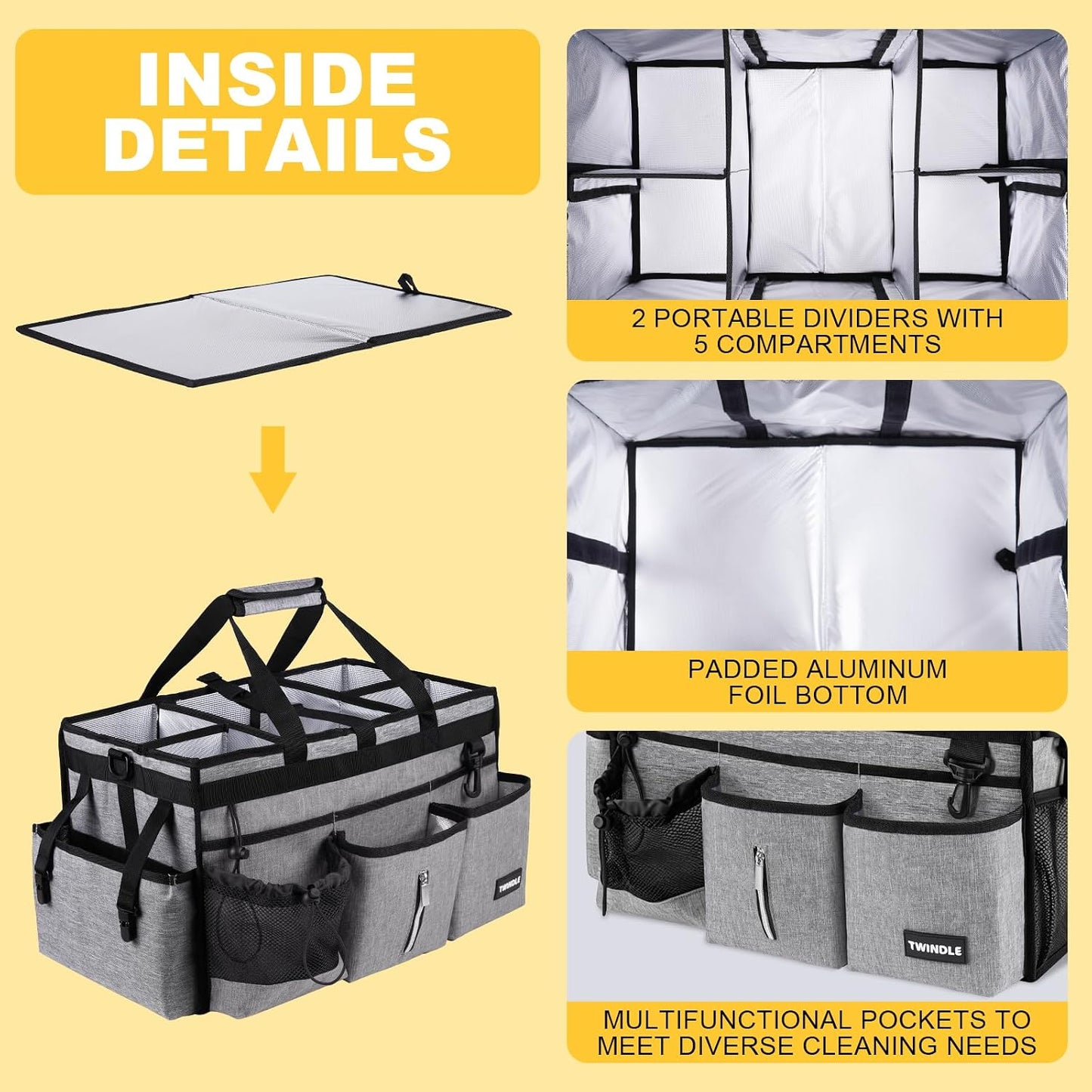 Extra Large Cleaning Caddy Bag with Built-In Support Board, Cleaning Tote Organizer with Removable Divider, Supply Carryall with Adjustable Shoulder Strap and Waist Belt for Cleaners & Housekeeper