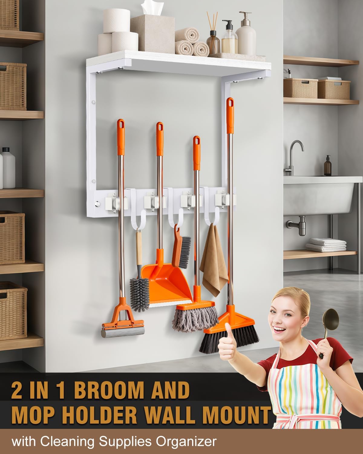 Large Broom Holder Wall Mount with Shelf, Vacuum Organizer, 5 Slots 5 Hooks | Black, 3-In-1 Wall Mount Stores Brooms/Mops/Vacuum, Cleaning Supplies With 5 Grippers/5 Hooks And A Sturdy Wooden Top Shelf