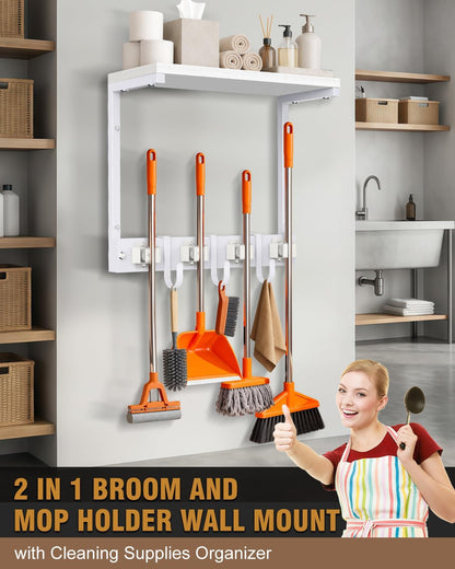 Large Broom Holder Wall Mount with Shelf, Vacuum Organizer, 5 Slots 5 Hooks | Black, 3-In-1 Wall Mount Stores Brooms/Mops/Vacuum, Cleaning Supplies With 5 Grippers/5 Hooks And A Sturdy Wooden Top Shelf