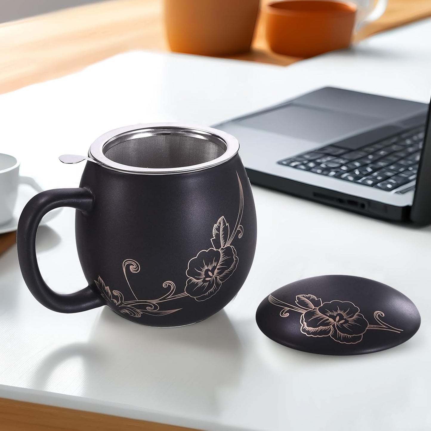 Yundu 12 OZ Matte Purple Ceramics Teacup with Infuser and Lid, Mug with Lid for Steeping - Stainless Steel Infuser for Loose Leaf Tea, Home Office Gift for Tea Lovers