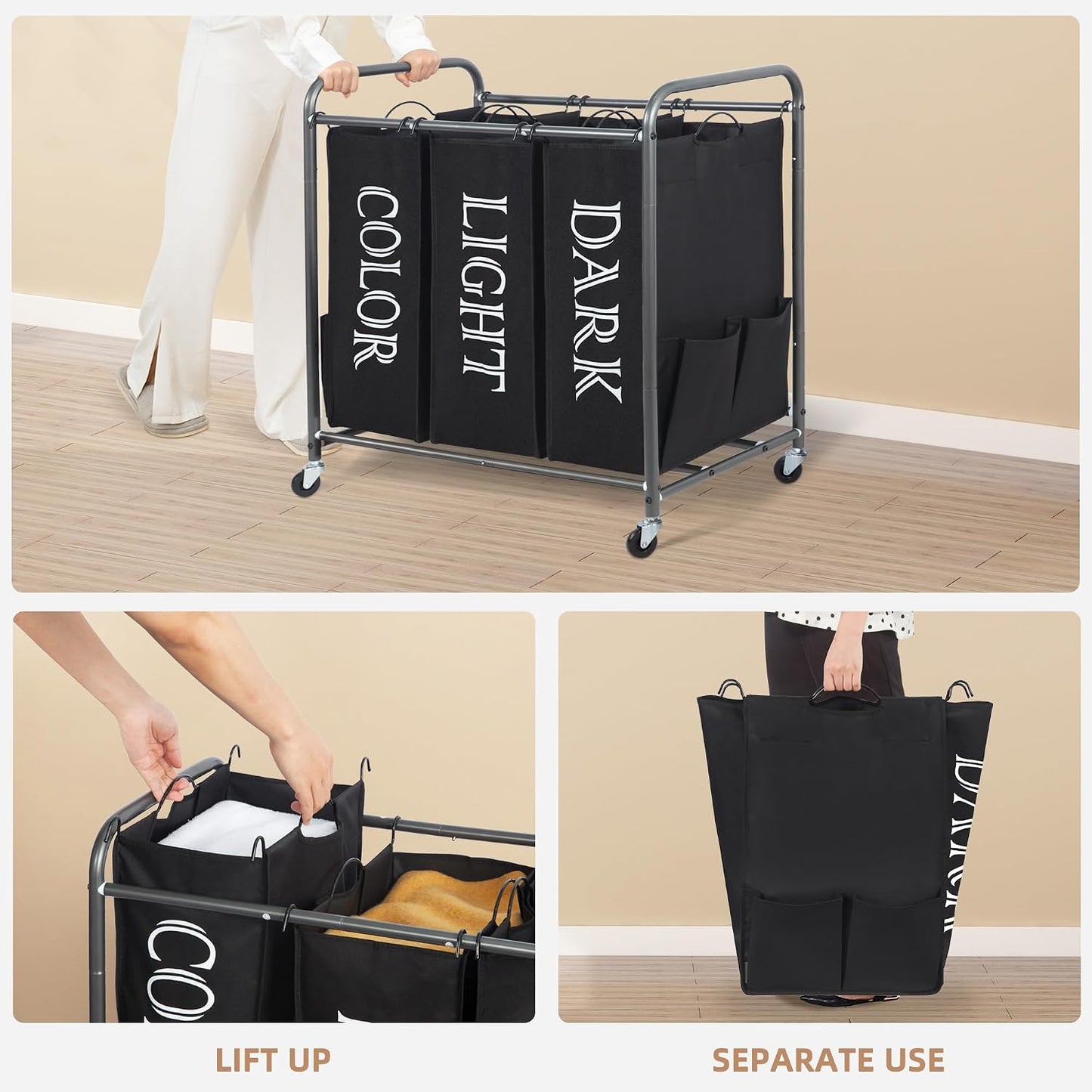 STORAGE MANIAC 3 Section Laundry Sorter, 35.6 Gal (135 L) Laundry Hamper Cart with Heavy Duty Rolling Lockable Wheels and Removable Bags, Clothes Organizer Basket Separator Hamper, Gray