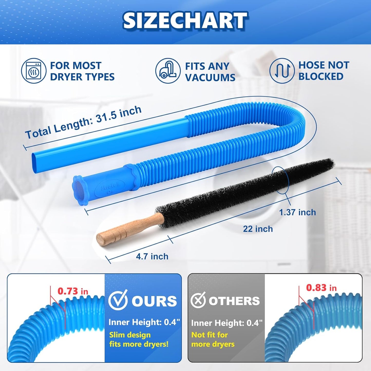 Sealegend 2 Pack Dryer Vent Cleaner Kit Vacuum Attachment Blue 31.5" | Dryer Vent Cleaning Hose & Brush Reach Deep Traps - Remove Hidden Lint | Speed Drying | Reduce Fire Risk