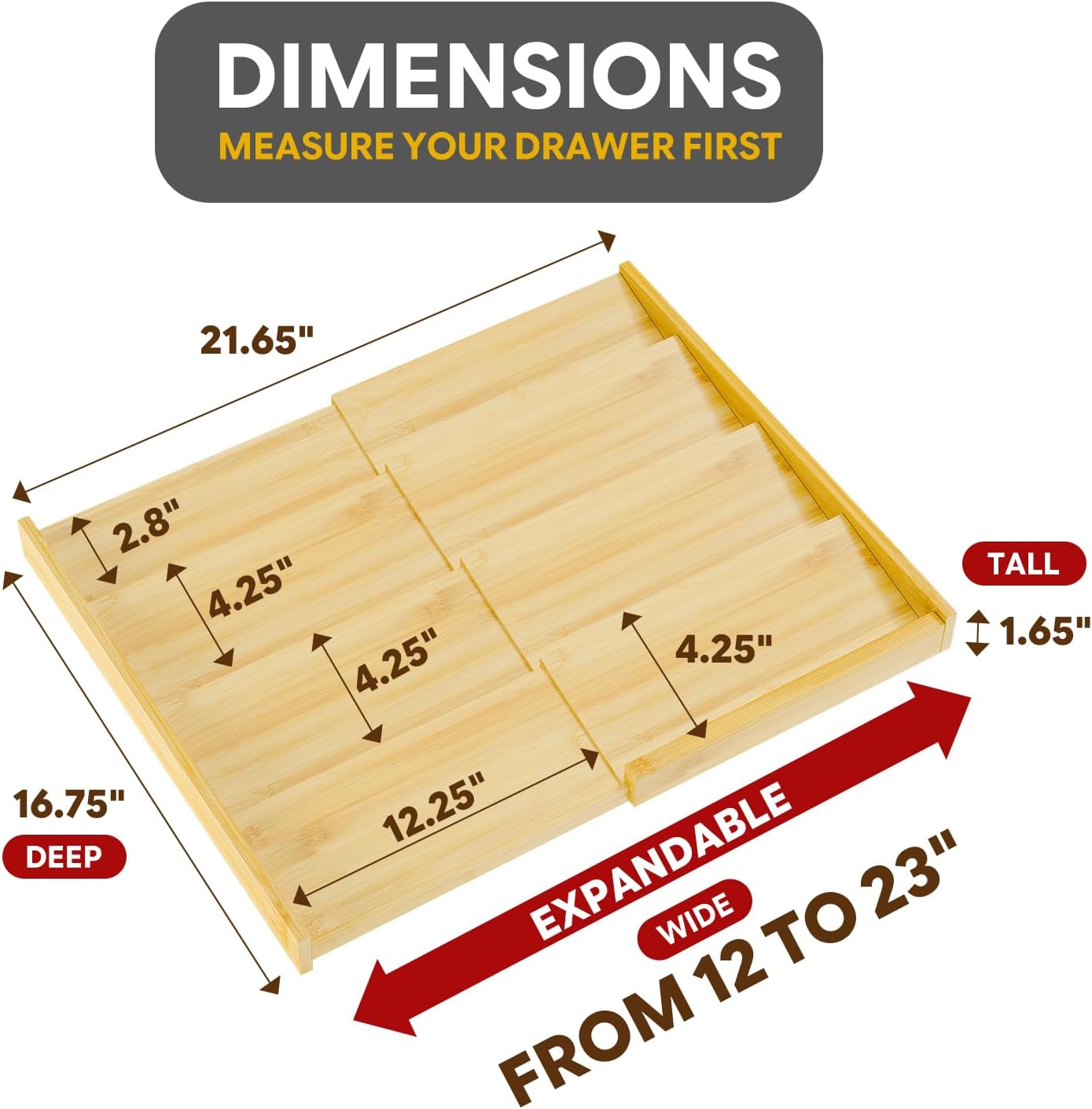 Simple Trending 4-Tier Expandable Bamboo Spice Drawer Organizer | Drawer Seasoning Storage Insert, Kitchen Spice Rack for Cabinet, Countertop (Jars not included, From 12.25" to 21.65" Wide)