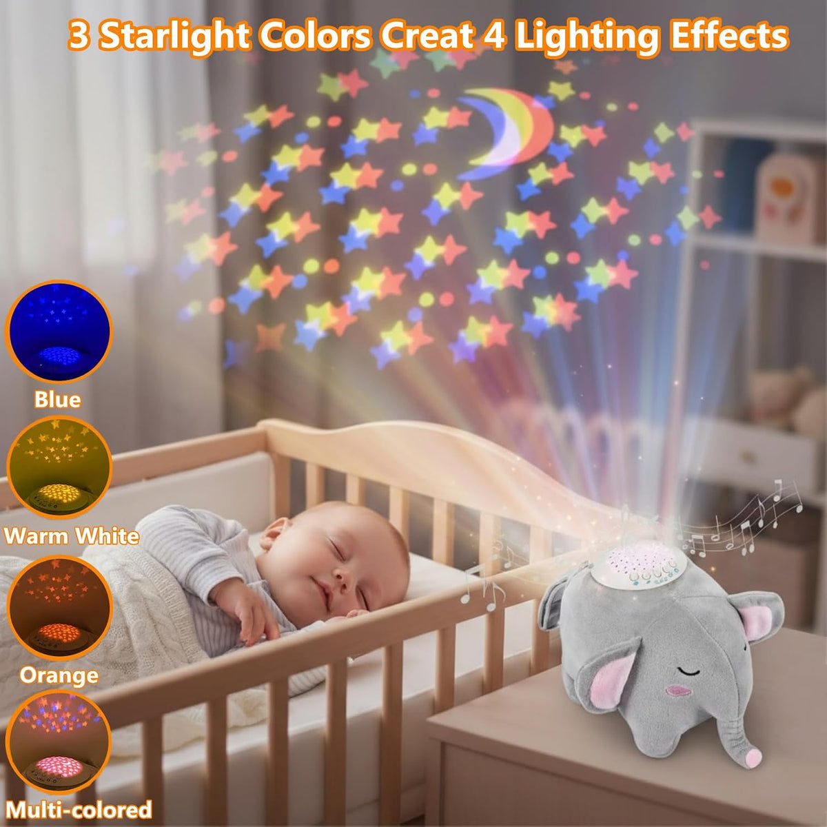 BEREST A13 White Noise Machine & Baby Sleep Soother with 15 Soothing Sounds & Projector Night Light Music Box, Cry Sensor, Rechargeable, Portable for Newborns, Toddlers, Attaches to Crib
