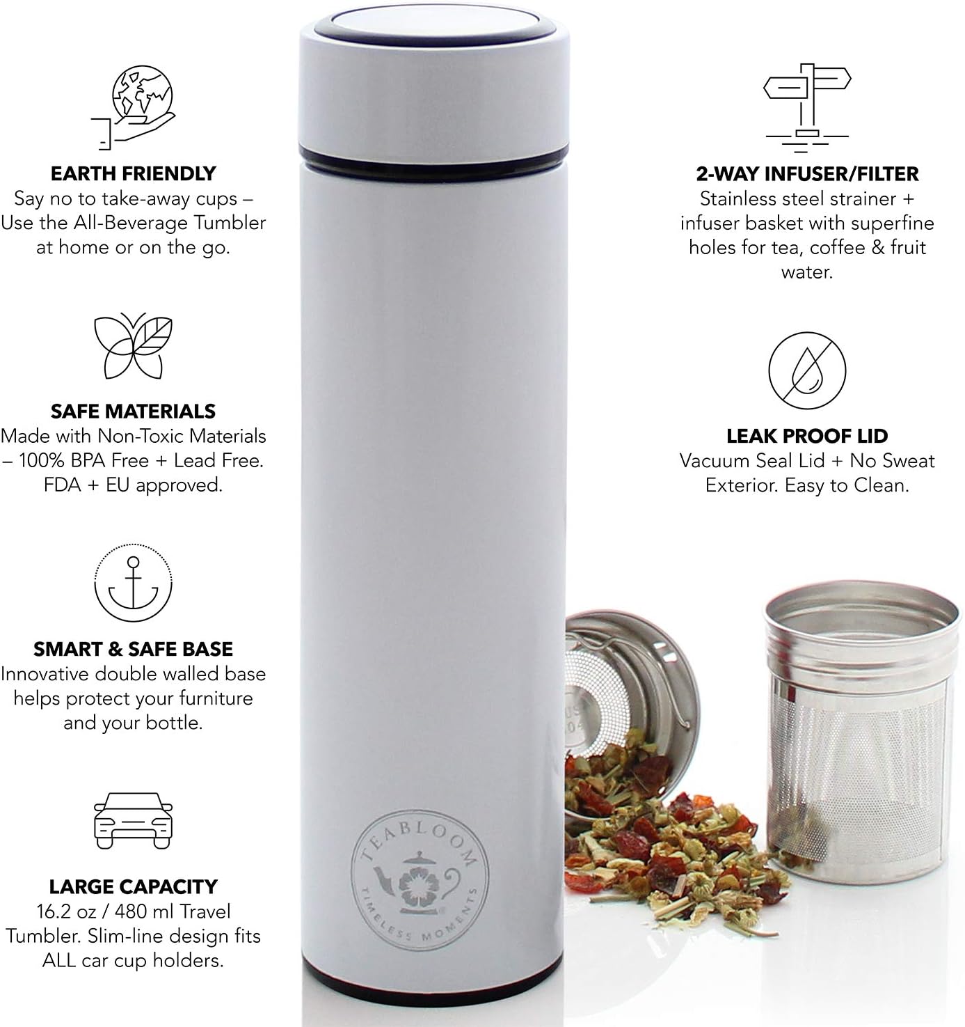 Teabloom - The ORIGINAL All-Brew Travel Tumbler & Thermos | OPRAH’s Favorite | 16oz/480ml Stainless Steel Insulated Water Bottle/Tea Flask/Cold Brew Coffee Mug