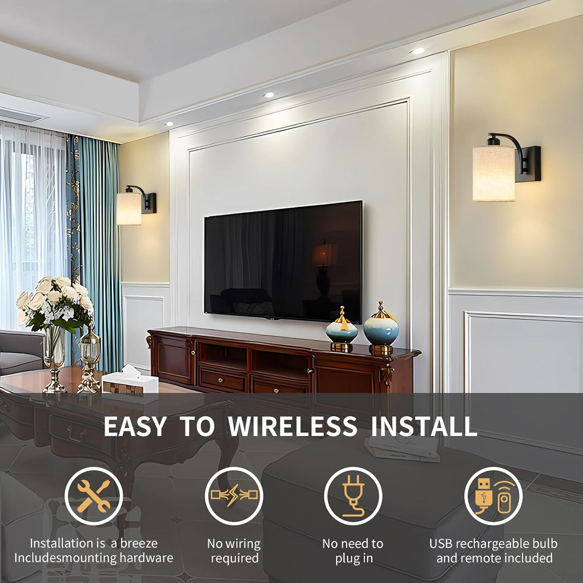 Powfloven Black Rechargeable Wall Sconces Set of 2 with Remote, Wireless Dimmable Battery Operated LED Wall Lights, Cordless Wall Lighting Lamp Fixture for Bedroom Living Room