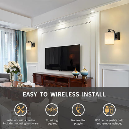Powfloven Black Rechargeable Wall Sconces Set of 2 with Remote, Wireless Dimmable Battery Operated LED Wall Lights, Cordless Wall Lighting Lamp Fixture for Bedroom Living Room