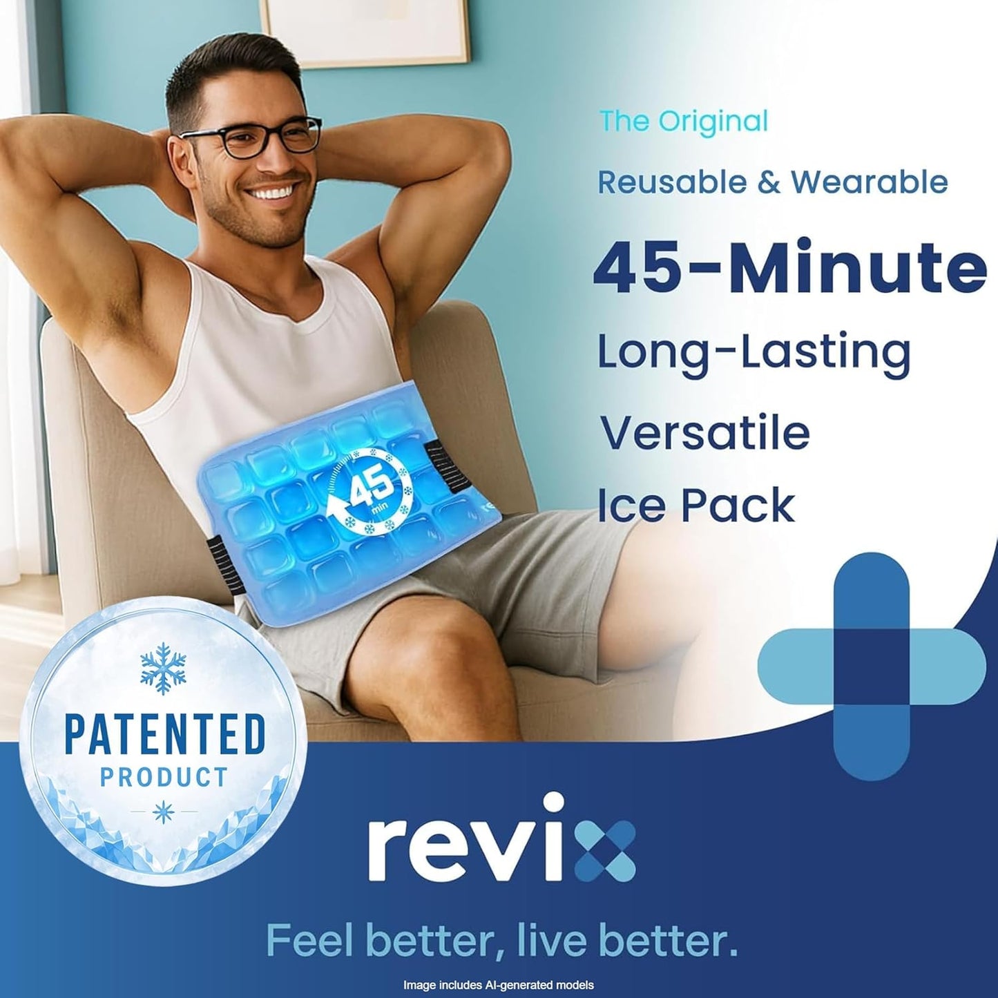 REVIX Ice Pack for Injuries Reusable, 14 × 7" Gel Cold Compress with Strap | 45-Min Long-Lasting Gel Cold Pack for Knee, Shoulder, Lower Back, Leg, Flexible Ice Wrap, Universal Use for Arm, Hip