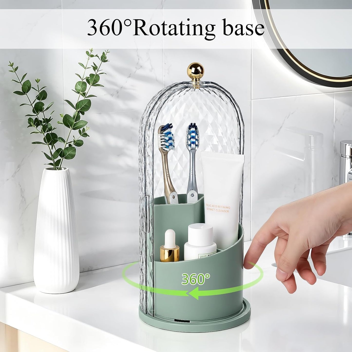 Toothbrush Holder with Cover for Bathroom Countertop, Organizer, White | Rotating 3 Slot Holder for Electric Toothbrushes, Toothpaste, Self Draining Vanity Organizer, Makeup Brush Storage