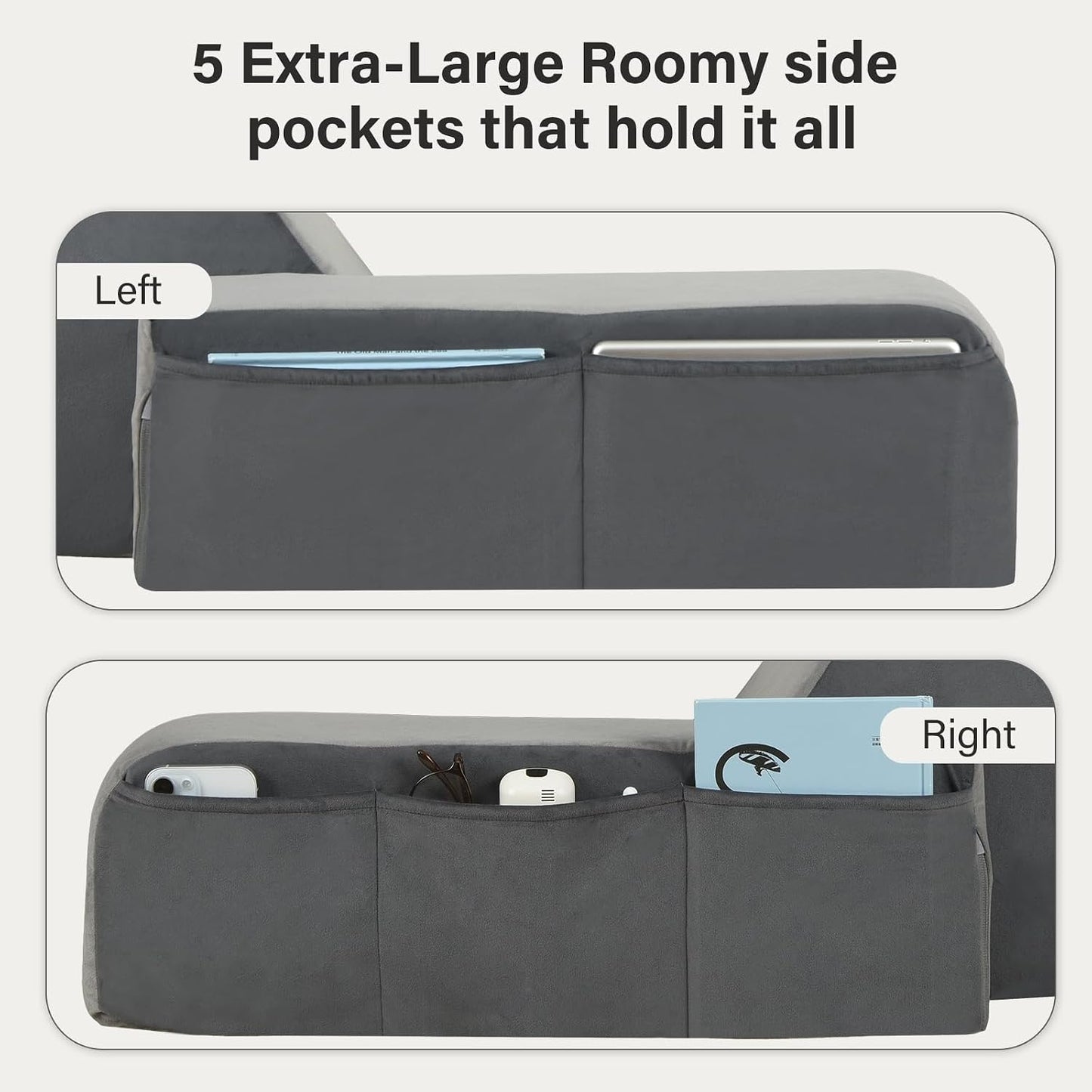 Vekkia 21" Reading Pillow for Bed with Adjustable Arms and XL Side Pockets | 60° Wedge Back Support, Washable Cover, Support Chair for TV, Gaming, Working, Nursing, Recovery in Bed & Floor, Black/Gray