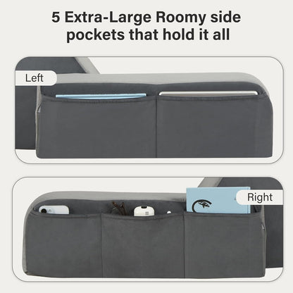 Vekkia 21" Reading Pillow for Bed with Adjustable Arms and XL Side Pockets | 60° Wedge Back Support, Washable Cover, Support Chair for TV, Gaming, Working, Nursing, Recovery in Bed & Floor, Black/Gray