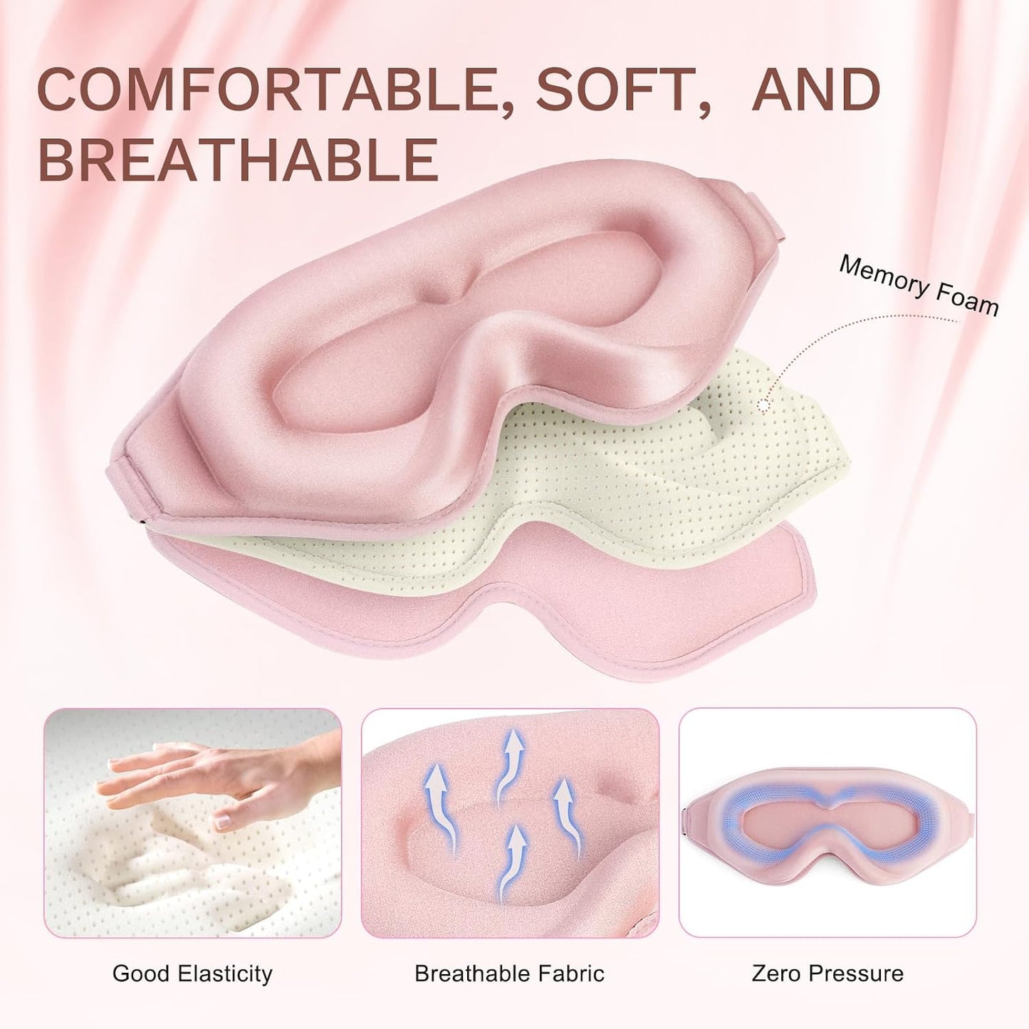 FlyCoco 99% Fully Block Out Light Eye Sleep Mask, 3D Deep Contoured Eyes Cover Zero Pressure, Long Lash Extension Eyes Mask with Adjustable Straps for Sleeping Travel Home Nap Rest Women Men (Pink)