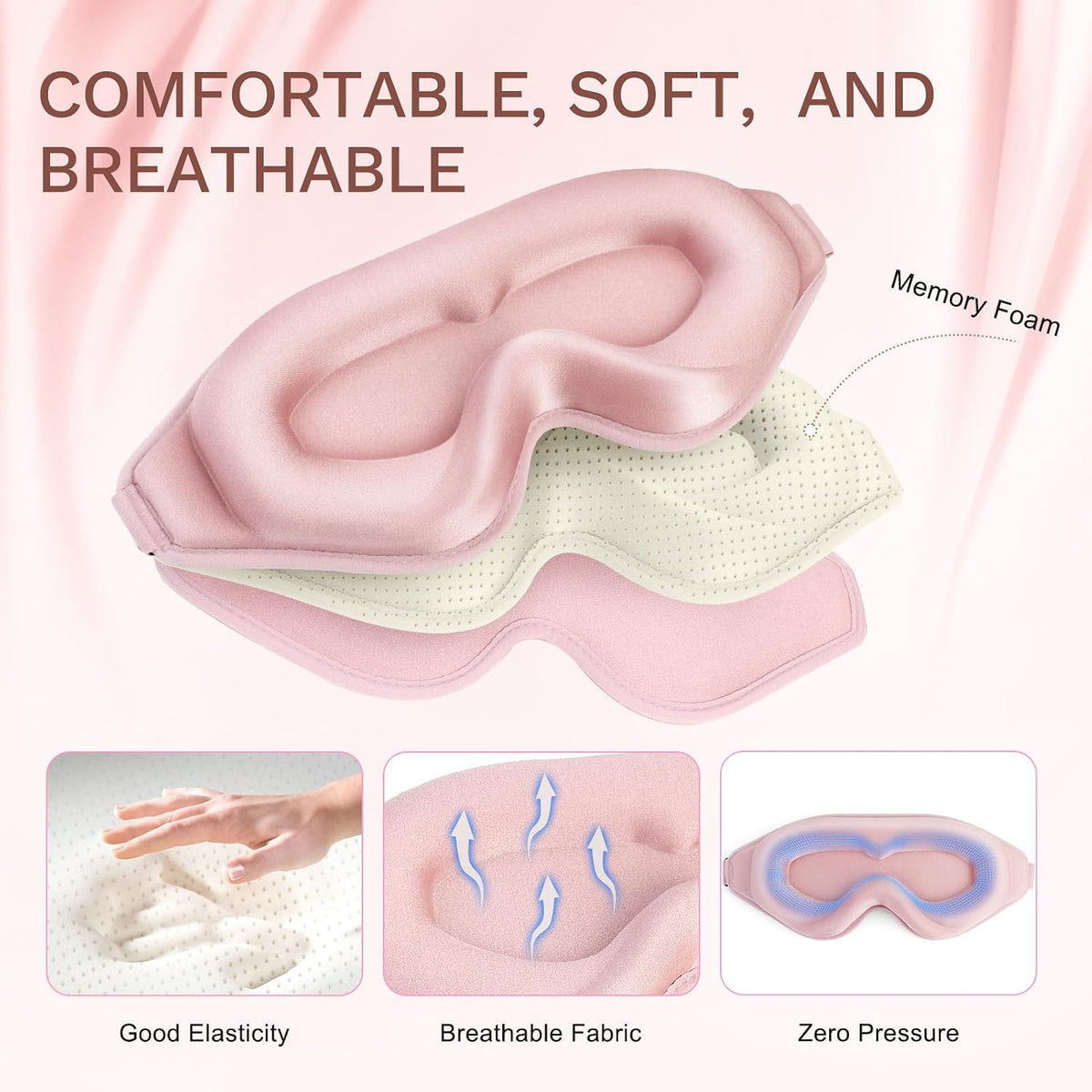 FlyCoco 99% Fully Block Out Light Eye Sleep Mask, 3D Deep Contoured Eyes Cover Zero Pressure, Long Lash Extension Eyes Mask with Adjustable Straps for Sleeping Travel Home Nap Rest Women Men (Pink)