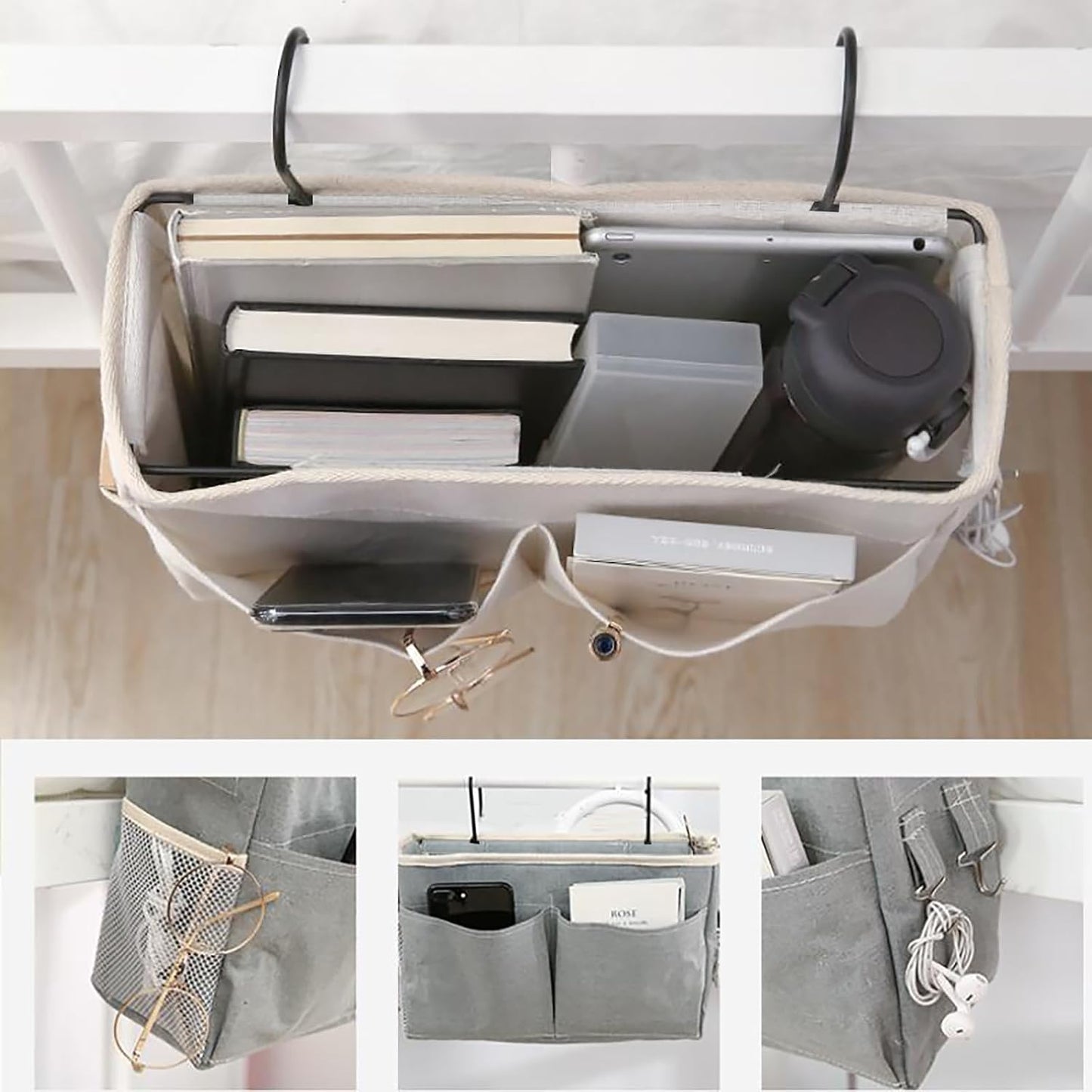 Bedside Caddy Bedside Hanging Storage Basket Multi-Function Organizer Caddy for Bunk and Hospital Beds Dorm Rooms Bed Rails, Can be Placed Glasses Books Mobile Phones（Navy Blue）