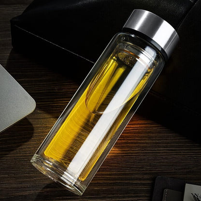 PARACITY Glass Water Bottle with Tea Infuser, 12 oz Double Wall Tumbler | Removable stainless steel filter and silicone seal suit loose leaf, flower or herbal brewing in a wide-mouth tea infuser mug