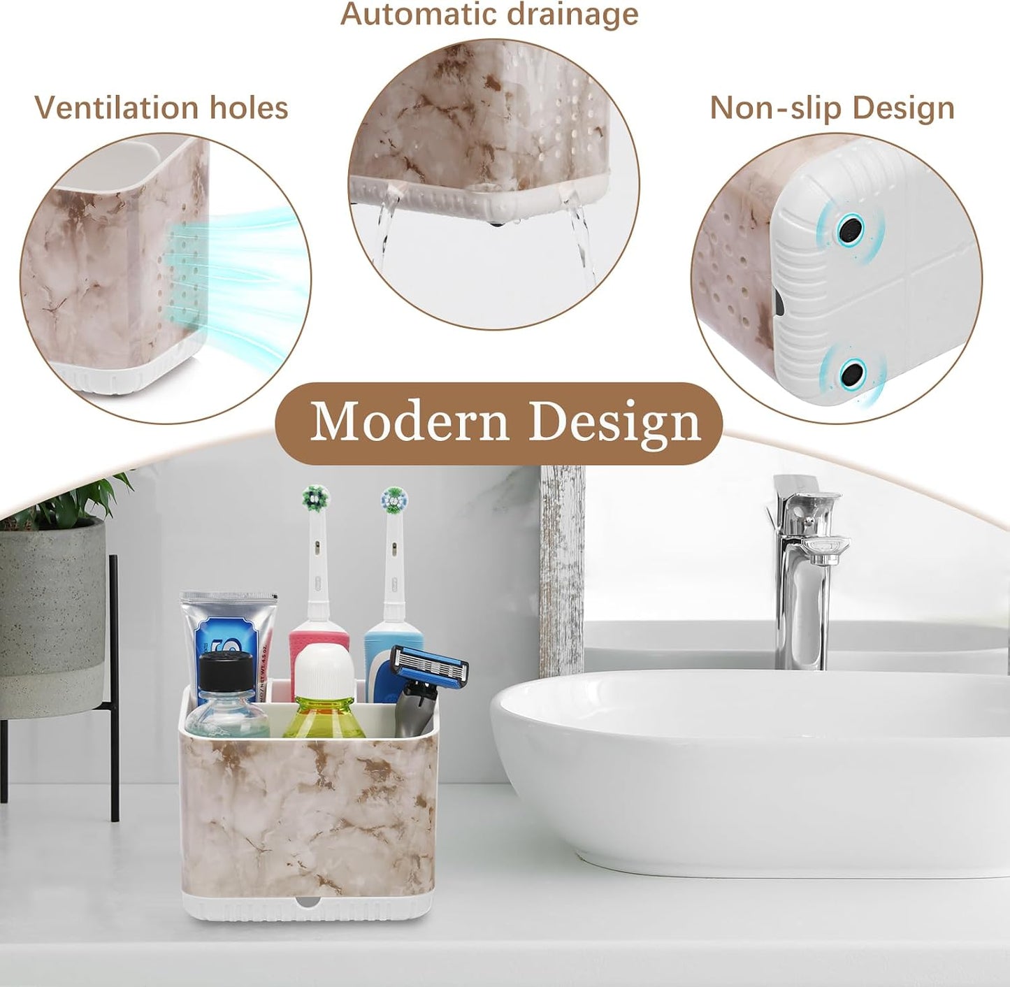 Bathroom Toothbrush Holders, Toothbrush and Toothpaste Holder (Wood Grain) | Easy To Clean, Drainage, Removable, Non-Slip, 4 Slots Tooth Brush Holder for Bathroom Countertop Organizer