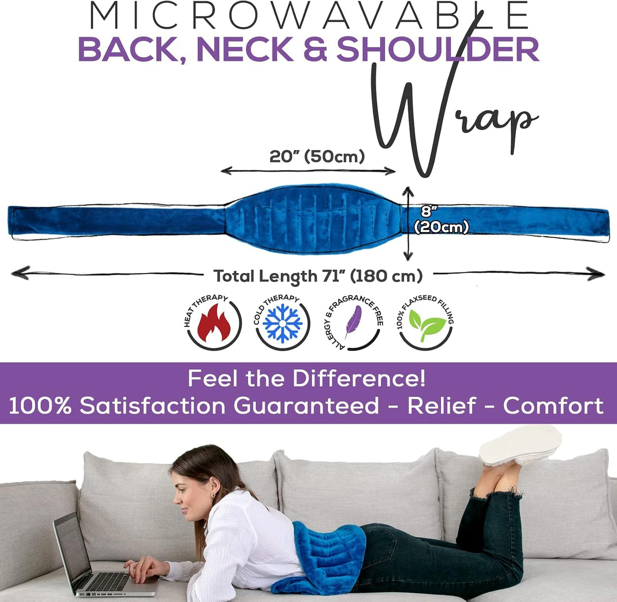 Purple Moon Collection - Microwavable Heating Pad with Straps - Medium, Gray - Reheatable Heat Pack for Back, Neck, Shoulders Pain Relief - Hot/Cold Therapy Body Wrap for Menstrual Cramps