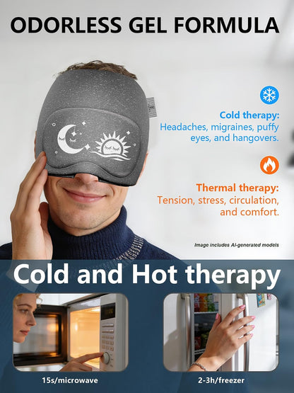 Migraine Relief Cap with Flip-up Eye Mask for Headache & Stress Relief | Headache Relief Hat for Hangover, Tension-Cold Compress Head Wrap