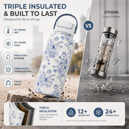 22 oz Ceramic Lined Tea Infuser Travel Tumbler, Micro-Mesh Stainless Steel Infuser, Pure Taste Ceramic Interior, Triple Insulated 12hr Hot Cold, Dual Sip & Straw Lid, Scratch-Resistant