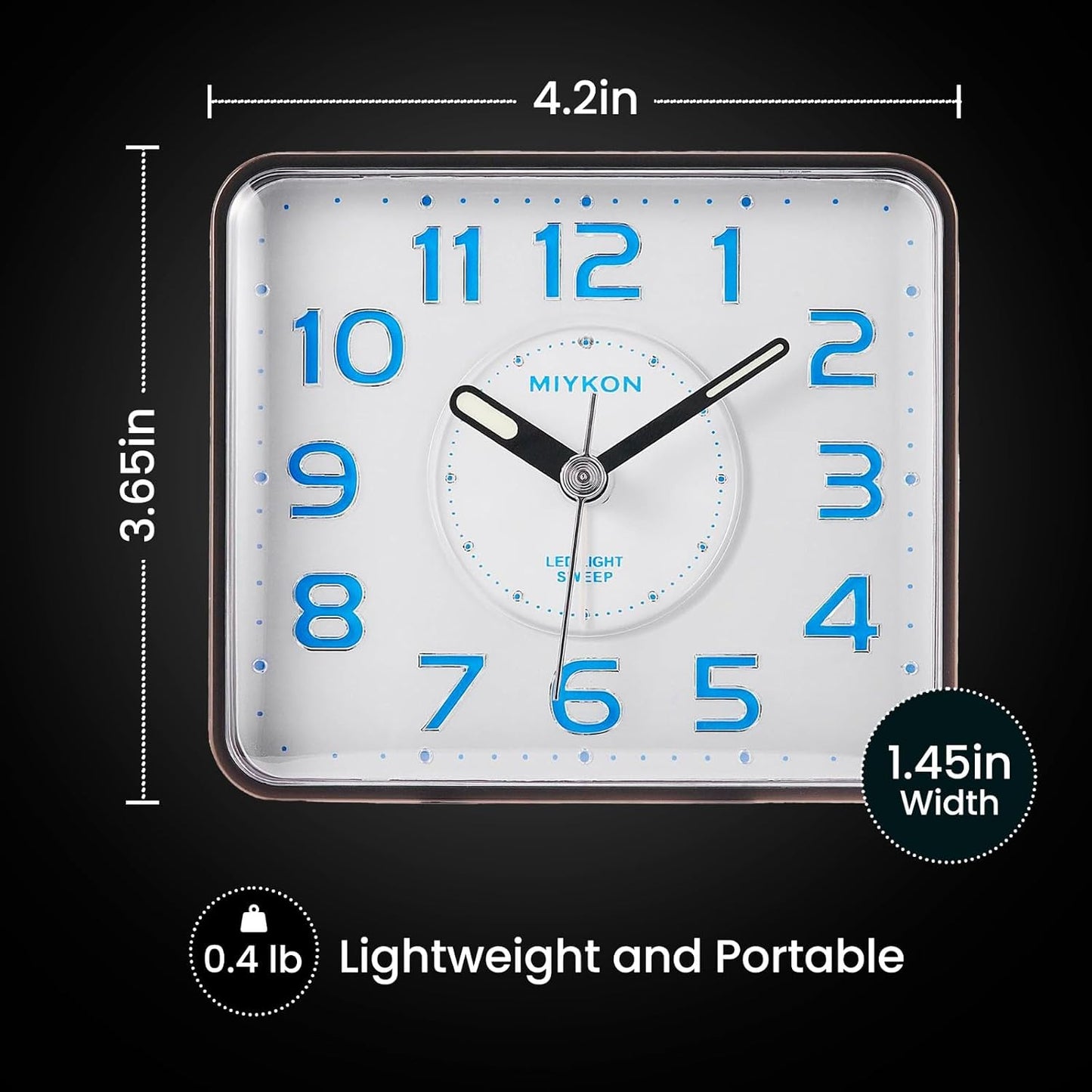 Miykon Small Square Analog Alarm Clock – Silent Non-Ticking, Battery Operated with LED Light & Snooze – Desk, Table, Travel or Bedside Clock for Bedroom, Office, Bathroom – Black 4 Inch
