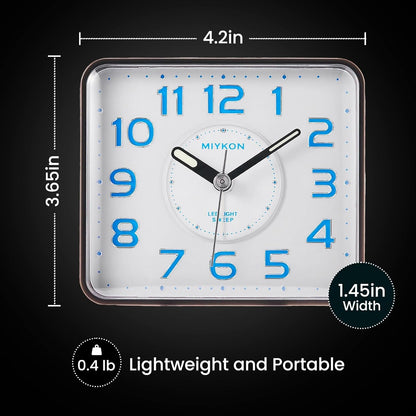 Miykon Small Square Analog Alarm Clock – Silent Non-Ticking, Battery Operated with LED Light & Snooze – Desk, Table, Travel or Bedside Clock for Bedroom, Office, Bathroom – Black 4 Inch