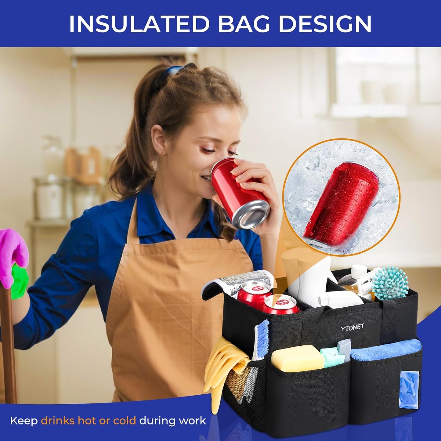 Ytonet Cleaning Caddy, Water Resistant Cleaning Supplies Organizer, Black | With Leakproof Cooler bag, Foldable Divider, Handle, Housekeeping Tote for Cleaners, Kitchen, Bathroom, Car Tool Caddy