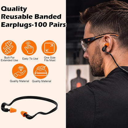 Relaxweex 100 Pairs Banded Earplugs Bulk for Hearing Protection | Band Silicone Ear Plugs for Shooting Reusable Earplug for Noise Reduction Sleeping Travel Sports Racing Construction Work