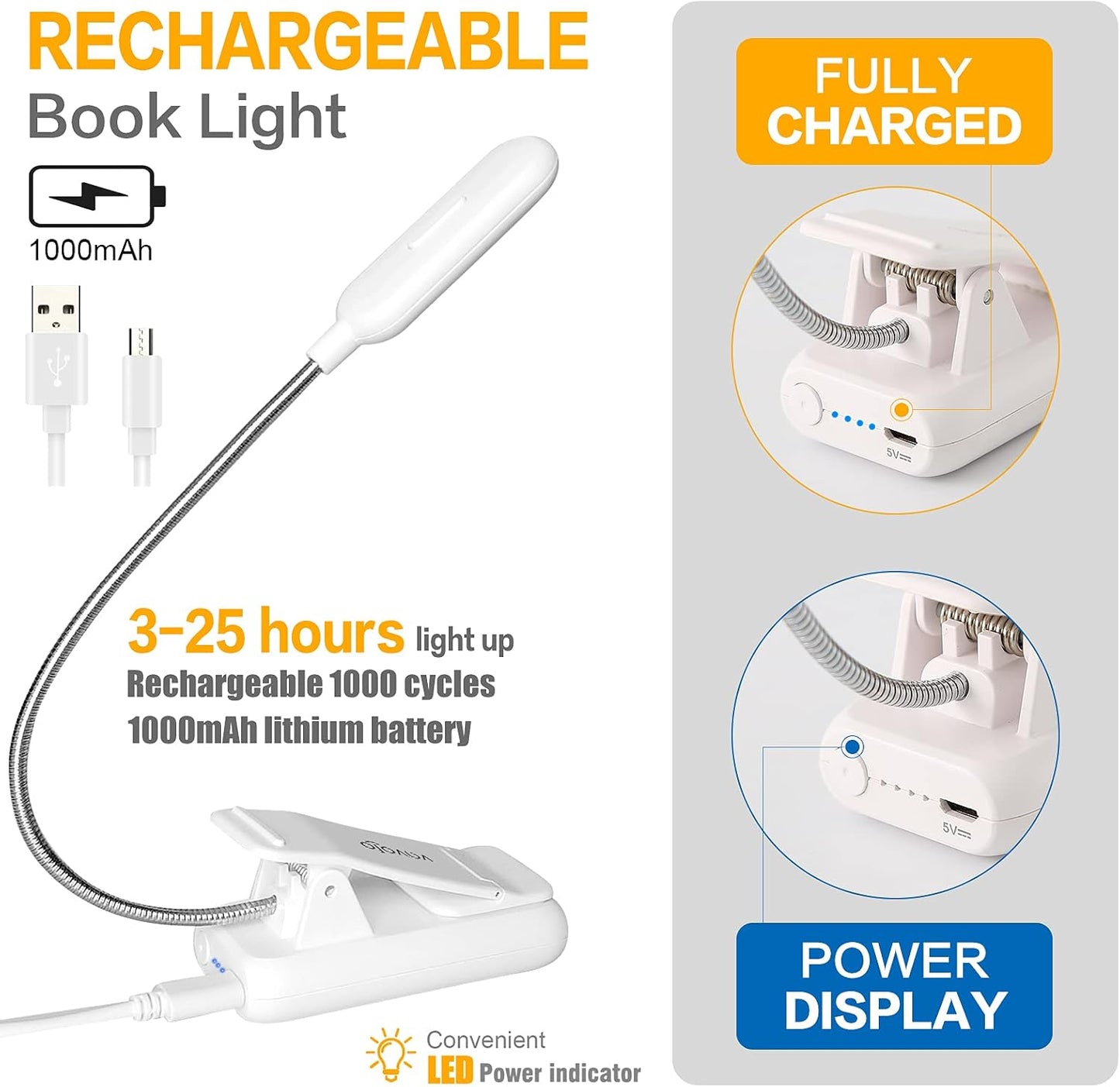 VAVOFO Rechargeable Book Light for Reading in Bed Kids, 7 LED Reading Light with 9-Level Warm Cool White Daylight, Eye Care Lamp with Power Indicator for Bookworms (Yellow)