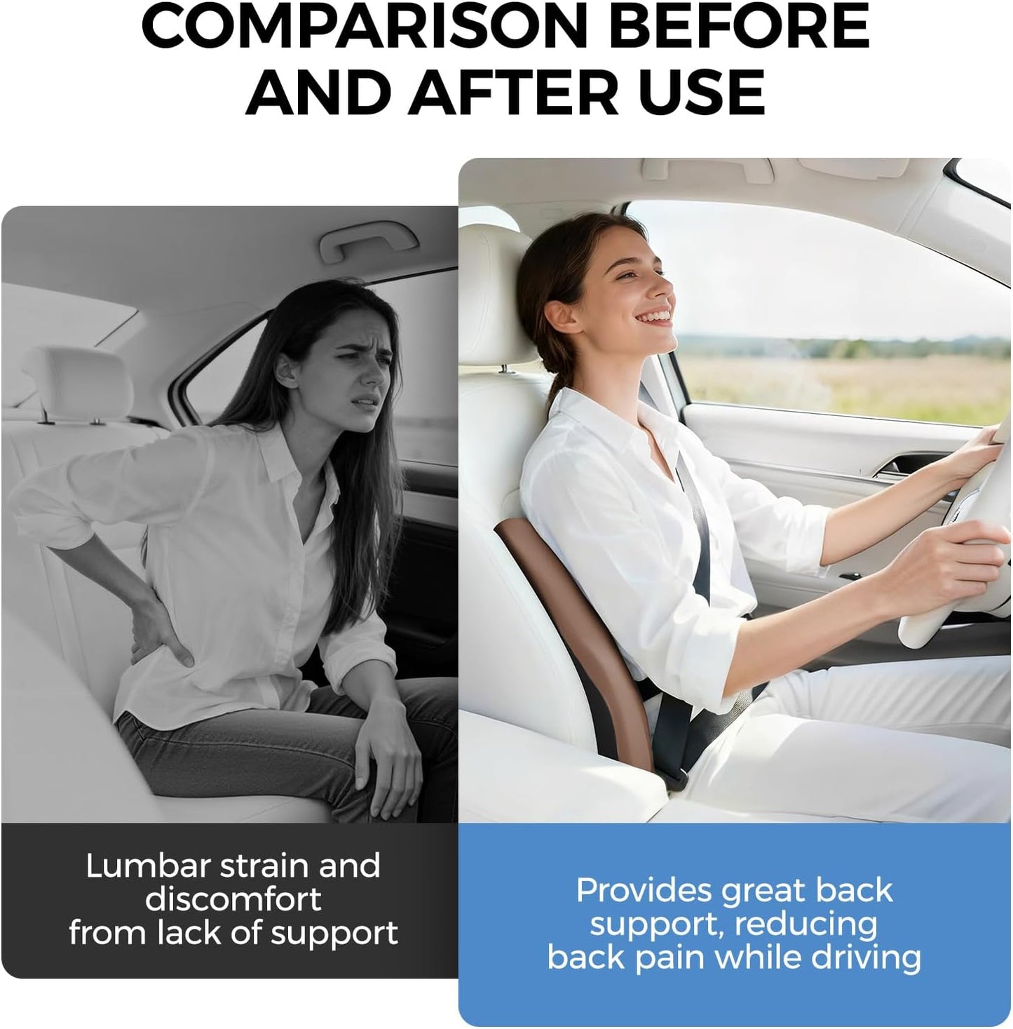 BEBAS Ergonomic Lumbar Support Pillow for Car, Memory Foam Car Back Cushion | Comfort Lumbar Pillow for Back Pain Relief, Breathable Washable Cover, Fits for Driving, Office, Wheelchair, Black