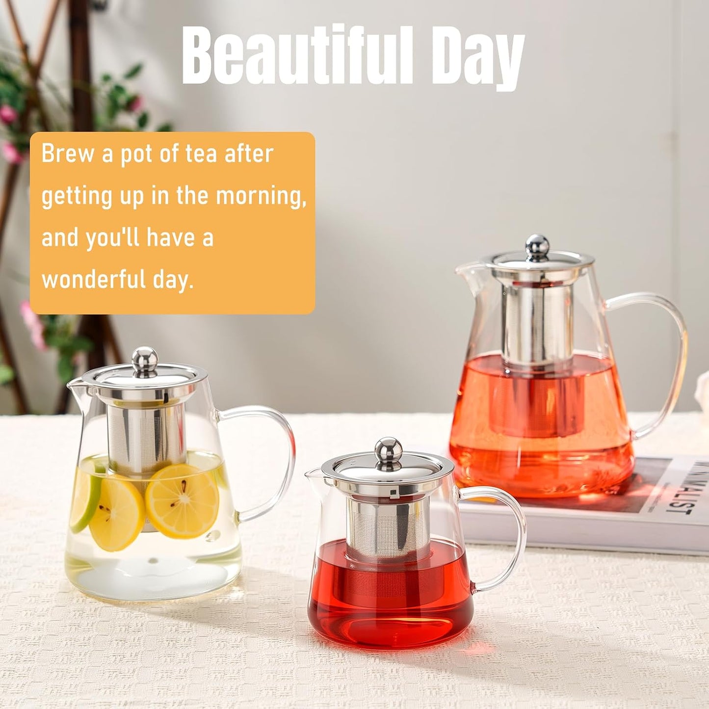 Baalaka Glass Teapot 18.6oz/550ml, Tea Pot with Removable Infusers for Loose Tea, Borosilicate Glass Tea Kettle Tea Maker Stovetop for Camping, Tea Infuser for Loose Leaf Tea Travel | Borosilicate glass tea kettle with infuser; steel strainer for loose