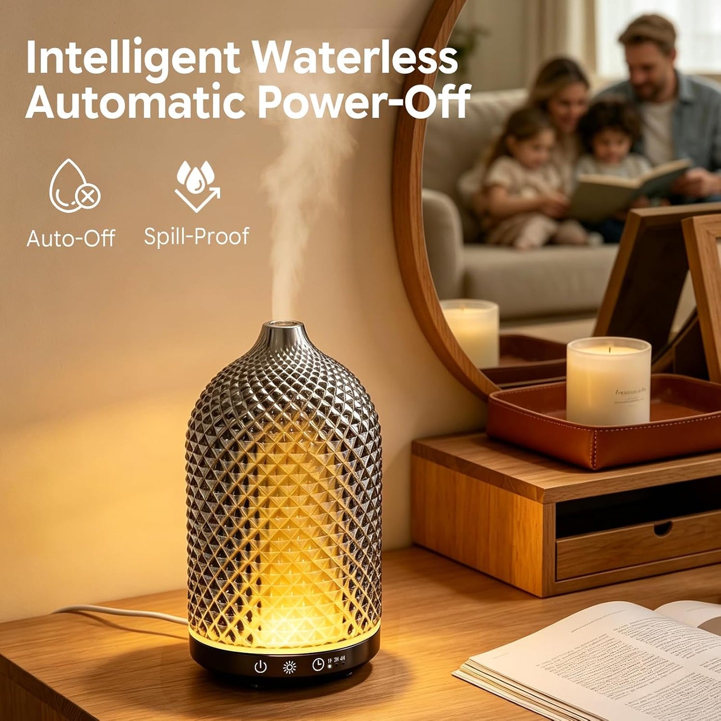 Essential Oil Diffuser 150ml, Glass Diffuser with Ultrasonic Small Humidifier, 7 Color Lights, 1/2/4H Timer, Quiet Auto Shut-Off Oil Diffuser for Bedroom, Home, Office (Silvery)