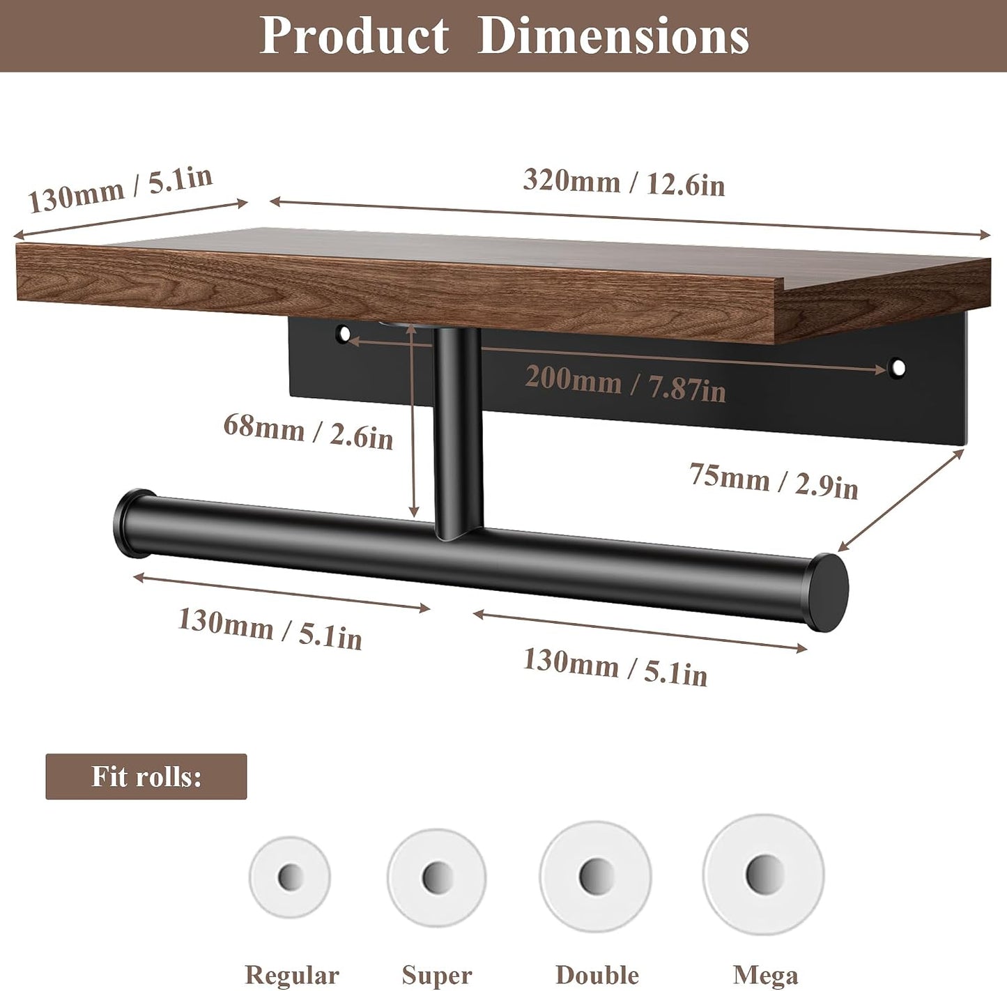 Tindbea Toilet Paper Holder with Wood Shelf, Wooden Wall Mount Tissue Paper Roll Holder, Matte Black Stainless Steel Bathroom Accessories Decor Household Home Apartment Restroom Essentials (Walnut)