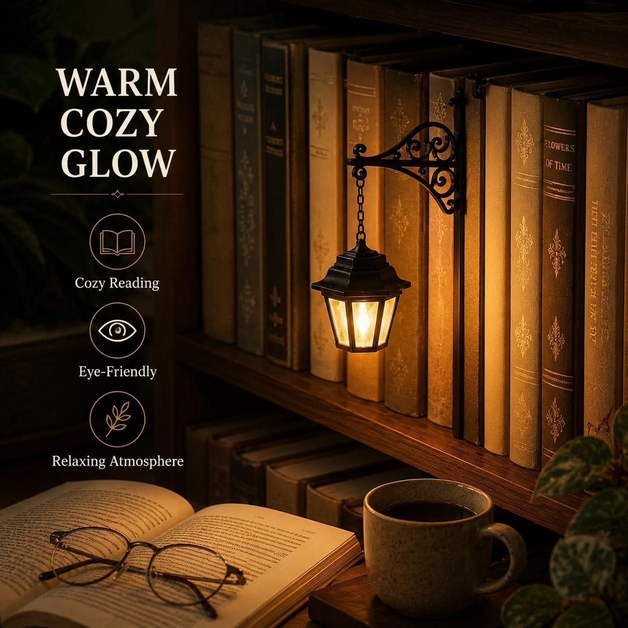 Library Lantern-Decorative Bookshelf Lighting, Mini Bookshelf Lamp Slides Between Books, Warm Amber LED Bookshelf Lights for Book Nook, Shelf Decor Gift for Book Lovers(Classic Lantern)