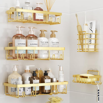 Liuoud 5 Pack Shower Caddy for Inside Shower, Gold Bathroom Storage Decor | Large Rustproof Stainless Steel Organizer with Strong Adhesive, No Drilling Wall Mounted Shelves, Bathroom Accessory Set