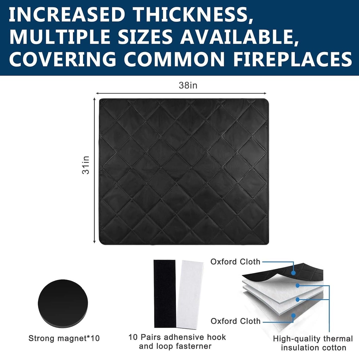 Magnetic Fireplace Cover Blanket Draft Stopper 45*34in Brick Fireplace Screen Insulation Cover Chimney Cold Air Blocker with Strong Magnet Hook-and-Loop Fasteners for Winter Iron Frame Stops Heat Loss
