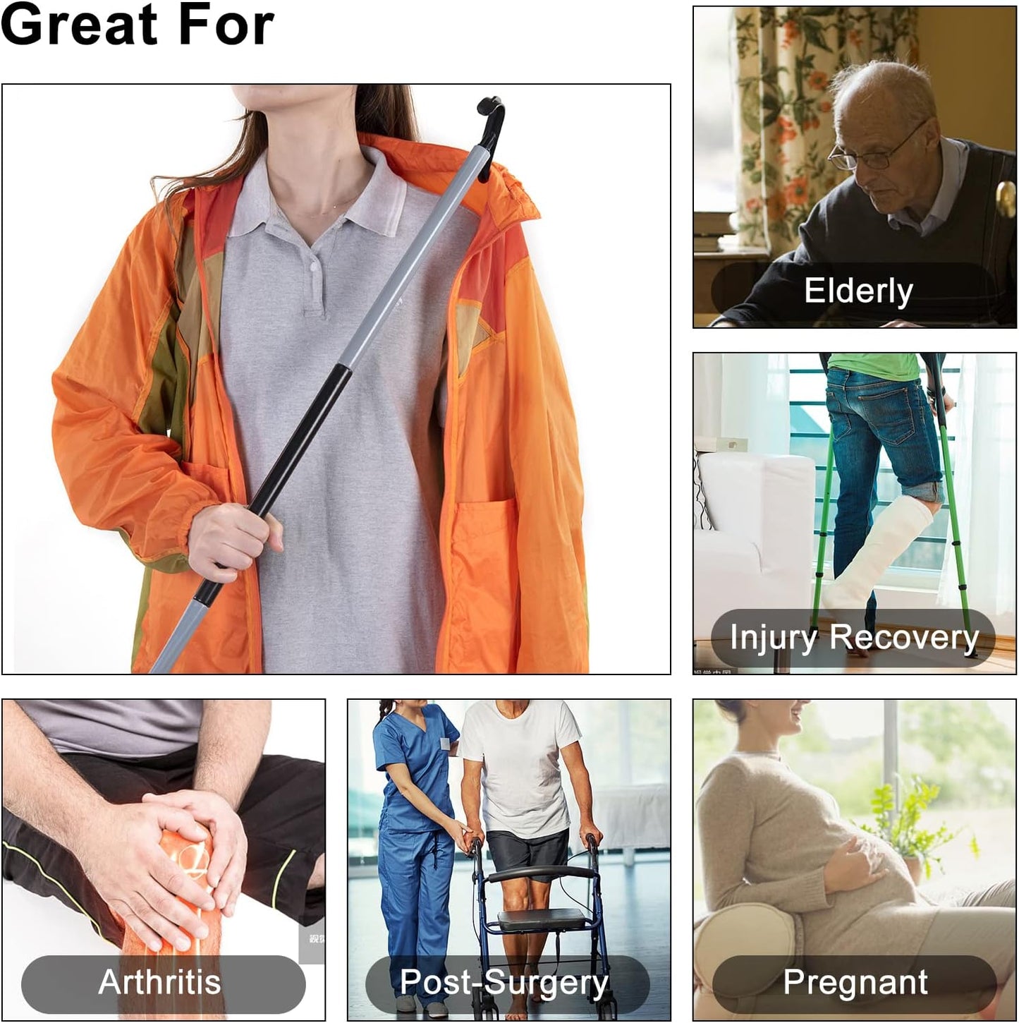 35" Long Dressing Stick with Shoe Horn with Sock Removal Tool, Adjustable Extended Dressing Aids for Shoes, Socks, Shirts and Pants