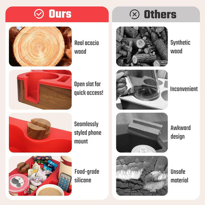 Couch Cup Holder Tray, Real Acacia Wooden Caddy with Soft Silicone, Snack and Drink Organizer- Perfect Movie Night Accessories for Bed, Remote and Cup Holders for Sofa (Black)
