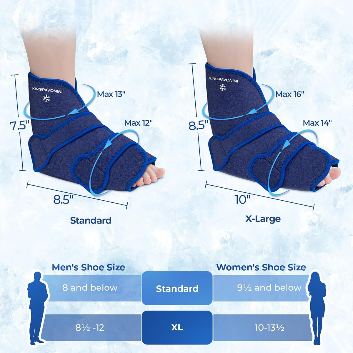 KingPavonini Ankle Foot Ice Pack Wrap, XL, Blue, 1 Wrap + 4 Gel Packs