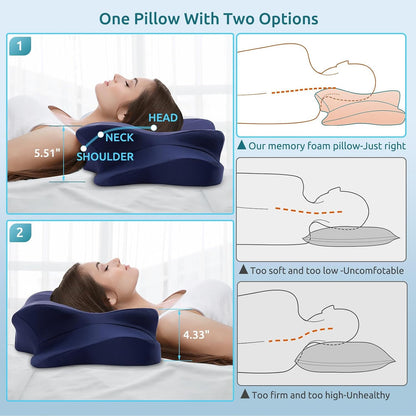 DONAMA Contour Cervical Neck Pillow for Neck Pain Relief | Queen,Ergonomic Dual-Height,Odorless Memory Foam,Side/Back/Stomach Sleepers,Cooling Hypoallergenic Cover,OEKO-TEX Certified