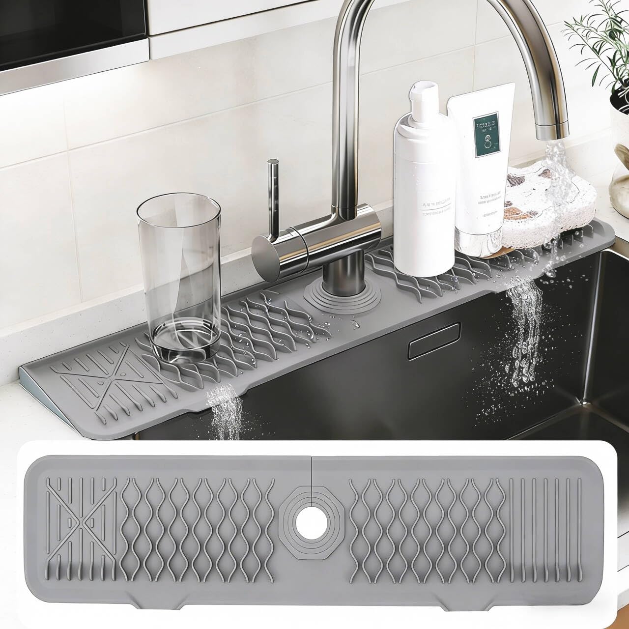 Kitchen Sink Splash Guard Gen2-30" x 6'' Silicone Sink Mat Splash Guard fit for Countertop, Bathroom,Farmhouse,RV by EBIGIC (Grey)
