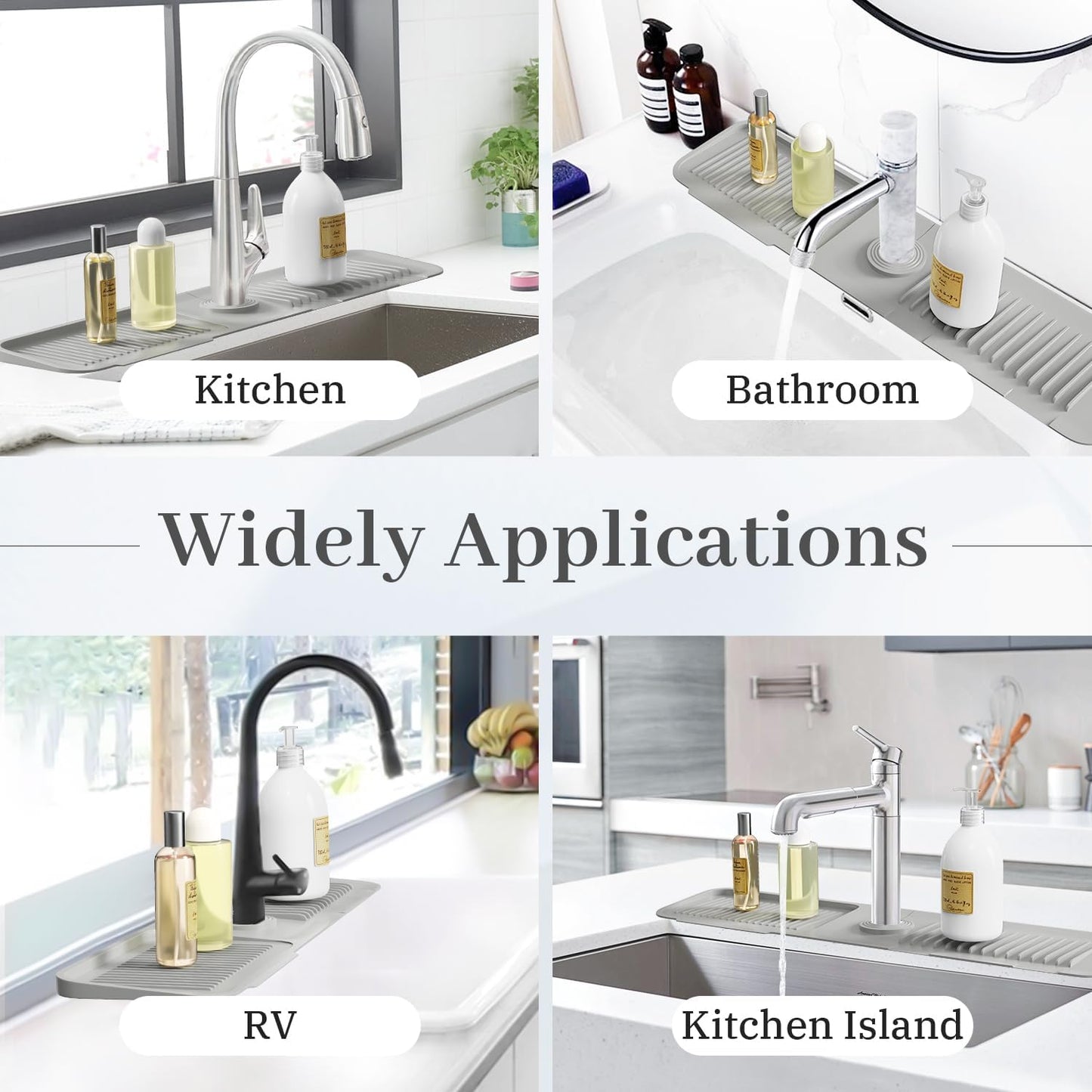 PoYang 23.6 Inch Silicone Sink Splash Guard, Kitchen Sink Mat, Light Grey | Faucet Mat with Wide Drainage & Cuttable Hole, Keeps Faucet Base Dry, Long & Short Sink Protectors for Kitchen, Bathroom & RV